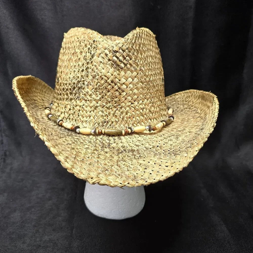 Bio Domes Headgear Tan Straw Wide Brim Cowboy Hat Beaded Country Decor One Size